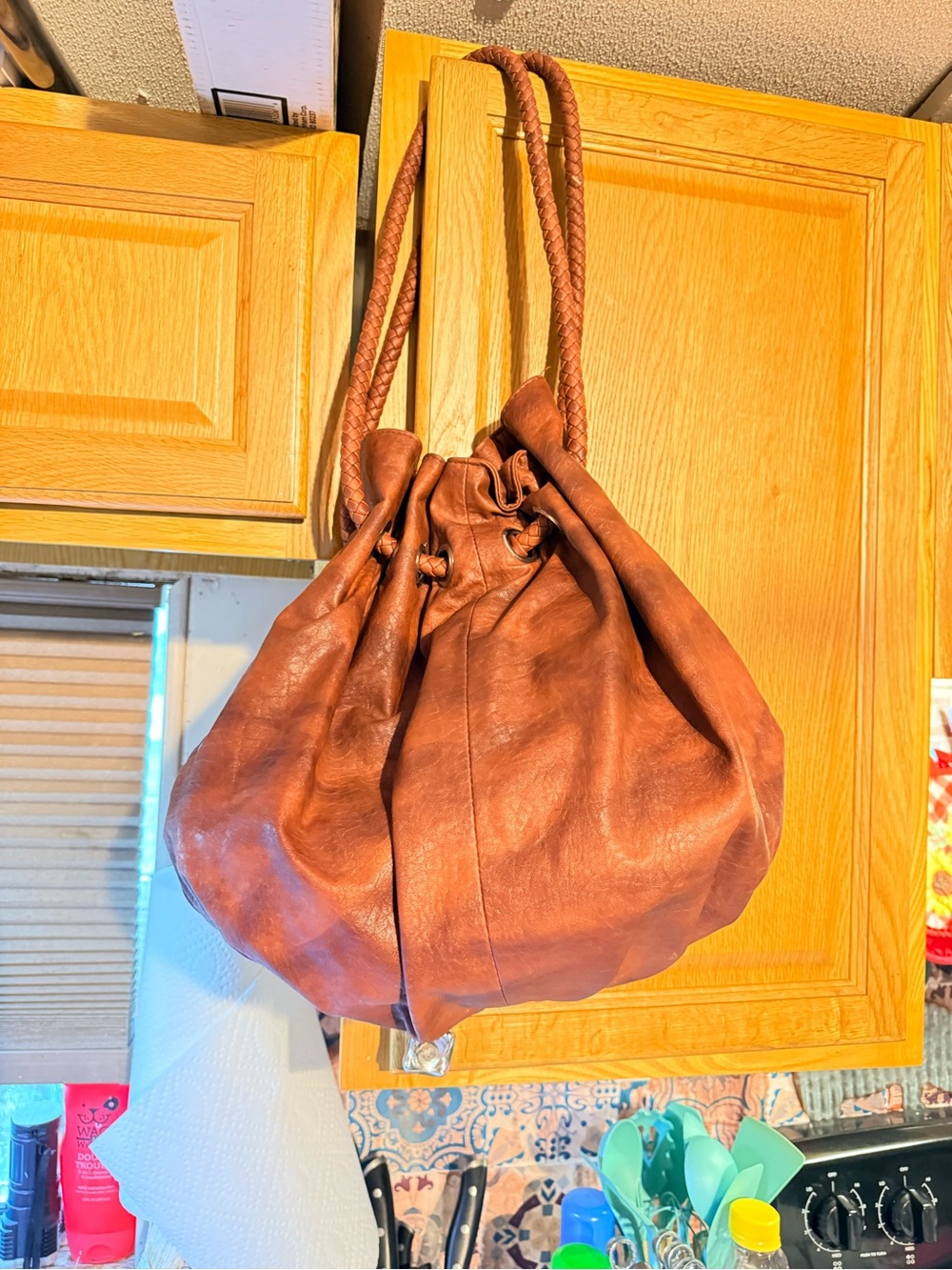 Women's Brown Leather Drawstring Shoulder Bag - Picture 2 of 4
